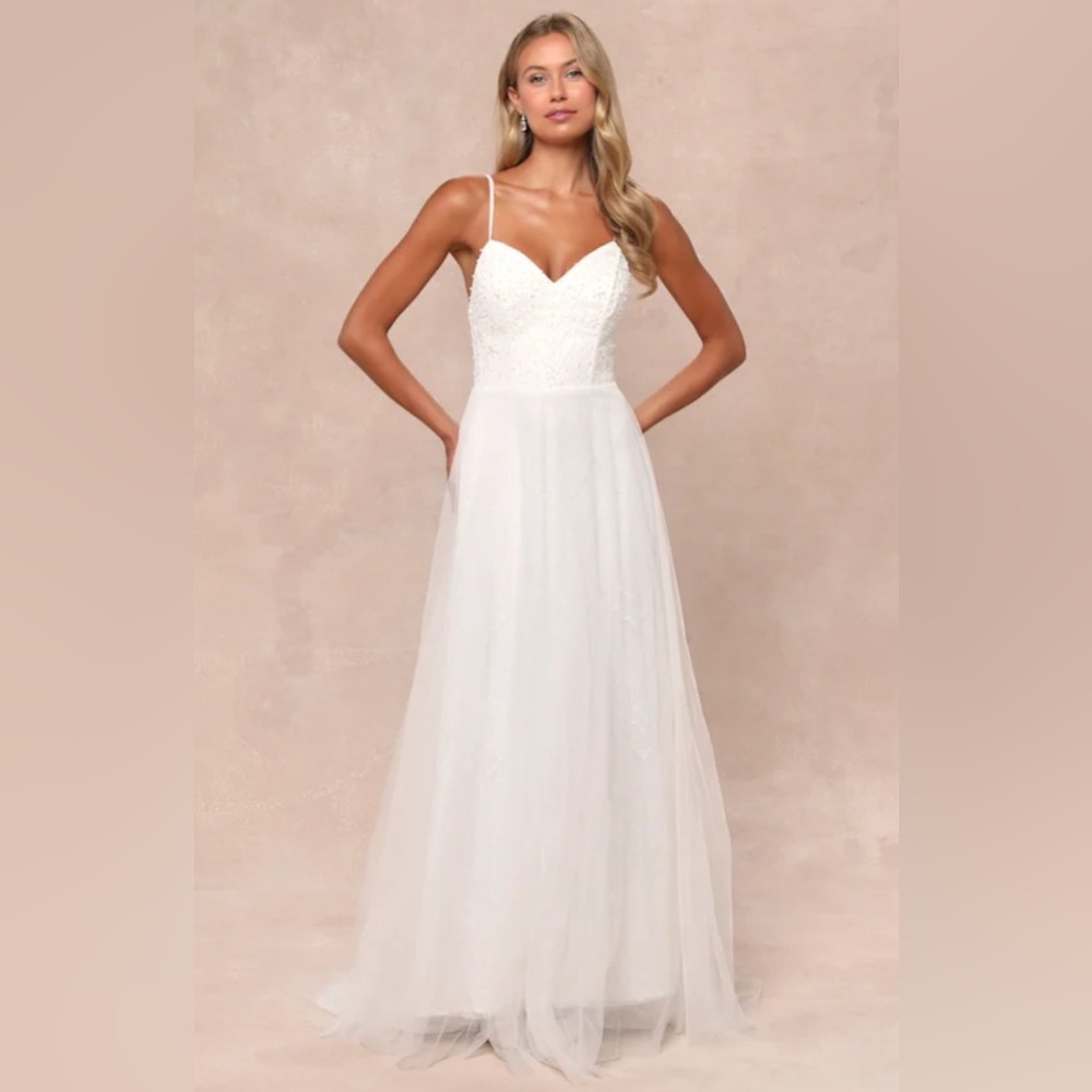 Lulus Love Perfection White Lace Tulle Pearl Beaded Maxi Dress Sz XS. NWOT